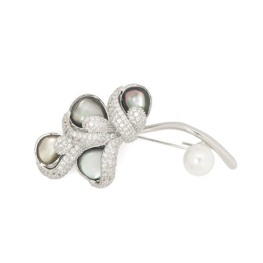 Pavé Bow Brooch with Tahitian-Style Pearl Accents – Silver-Tone Couture Bar Brooch with Clear CZ Pavé, Iridescent Drop Pearls & White Pearl Tip | Luxury Bridal & Festive Statement Pin