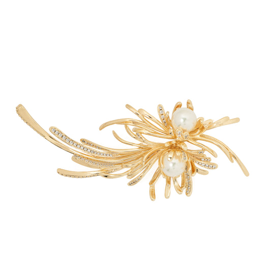 Celestial Burst Pearl Brooch | Gold-Tone Starburst Floral Pin with Pave CZ Stems & Twin Imitation Pearls | Elegant Festive Statement Brooch