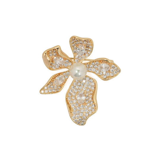 Sparkling Pearl Flower Brooch | Gold-Tone Pave Floral Pin with Marquise CZ Accents & Central Imitation Pearl | Elegant Statement Brooch