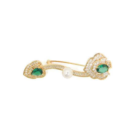 Emerald Bloom Bar Brooch | Gold-Tone Floral Bar Pin with Marquise-Cut Green Stones, Pave CZ Petals & Central Pearl Accent | Elegant Saree & Shawl Brooch