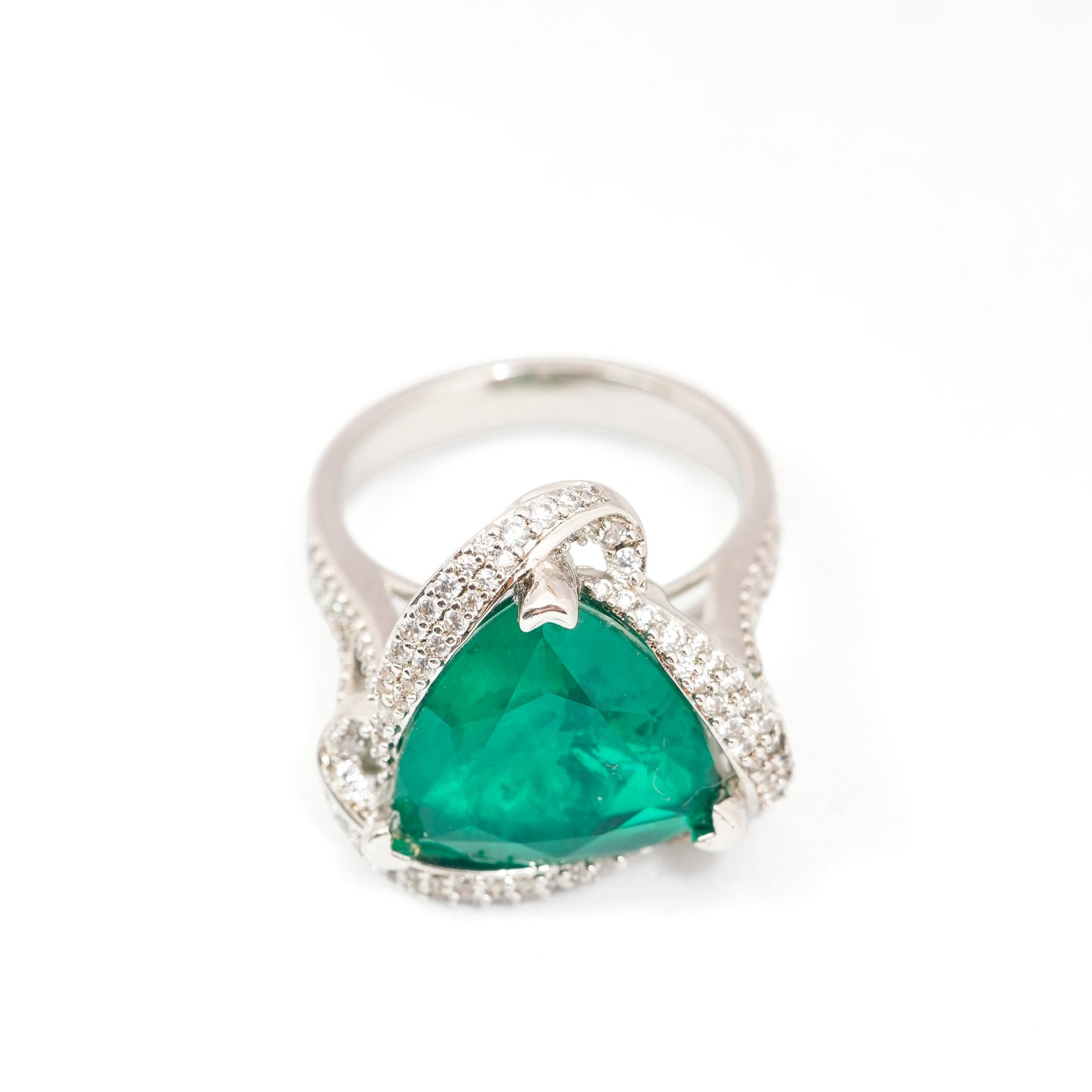 Silver Finish Green Triangle Emerald Stone Ring for Women with Diamond Look Swirl Border | Stylish Cocktail and Party Wear Jewelry
