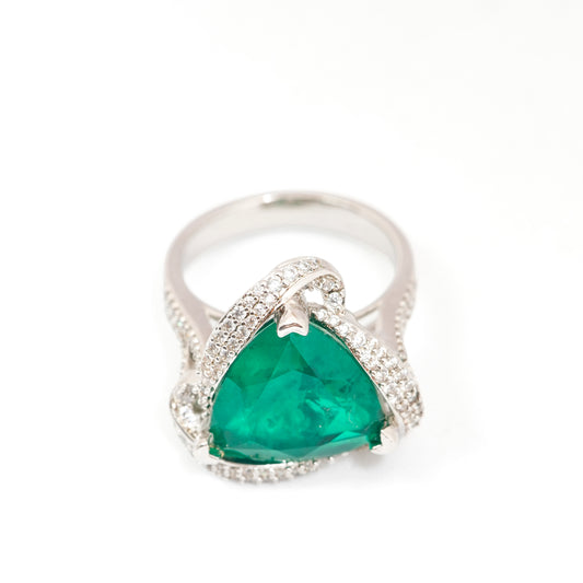 Silver Finish Green Triangle Emerald Stone Ring for Women with Diamond Look Swirl Border | Stylish Cocktail and Party Wear Jewelry