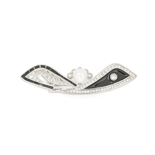 Art Deco Pave and Enamel Bar Pin | Silver Tone Geometric Brooch with Black Enamel, Baguette CZ Stones and Pearl Accent | Elegant Vintage Inspired Statement Pin