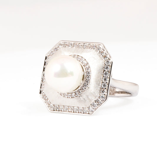 Silver Finish Pearl Statement Ring for Women with Octagon Shape and Diamond Look Border | Fashion Jewelry for Party, Wedding, Engagement and Special Occasions