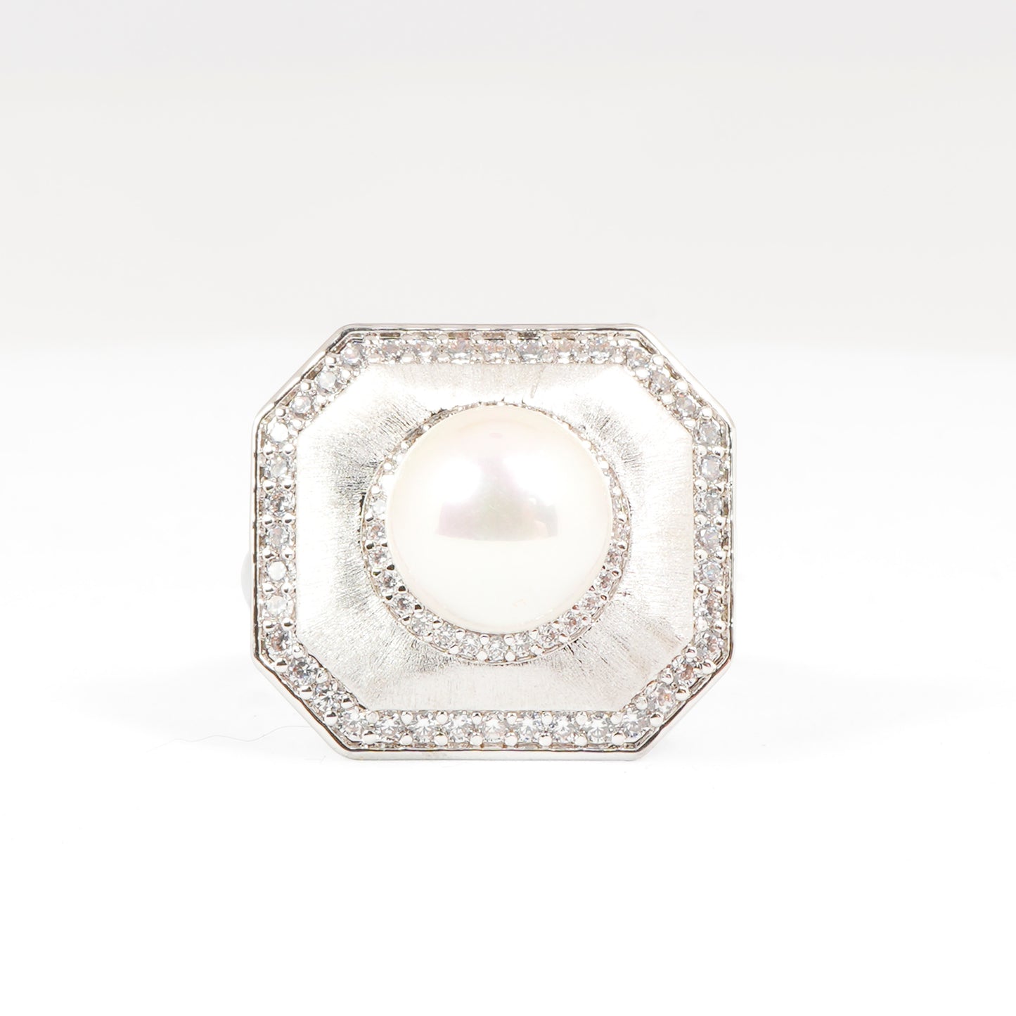 Silver Finish Pearl Statement Ring for Women with Octagon Shape and Diamond Look Border | Fashion Jewelry for Party, Wedding, Engagement and Special Occasions