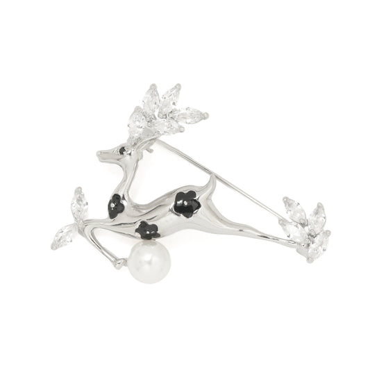 Leaping Stag Pearl Brooch | Silver Tone Deer Brooch with Marquise CZ Antlers, Black Enamel Accents and Dangling Pearl | Elegant Whimsical Statement Pin for Festive and Formal Wear