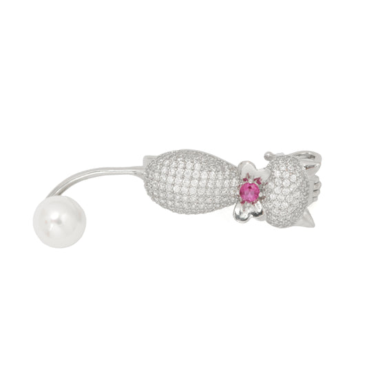 Pave Cat with Pearl Tail Brooch | Silver Tone CZ Pave Cat Pin with Pink Stone Bow and Dangling Pearl Accent | Cute Elegant Brooch for Sarees, Shawls and Formal Wear