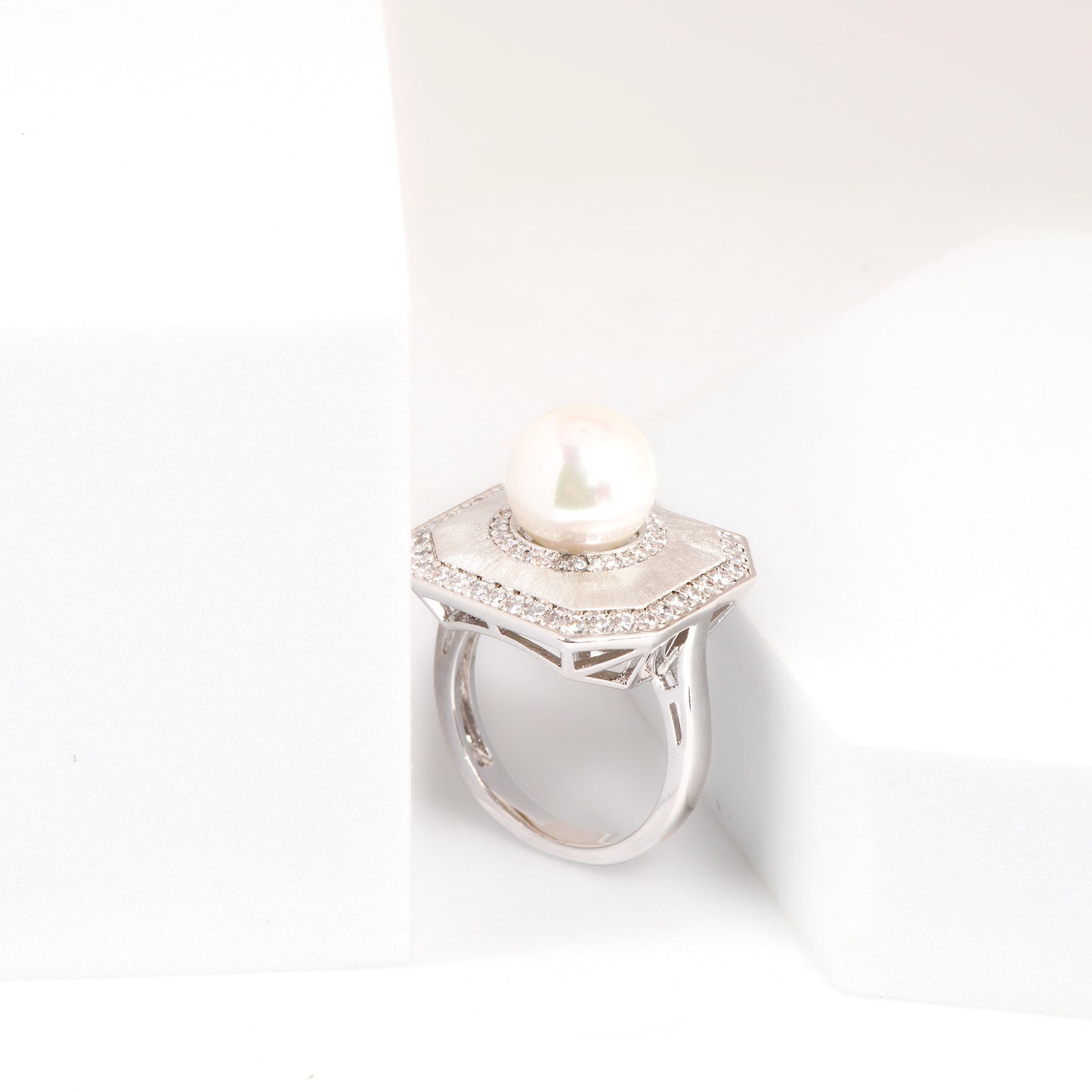 Silver Finish Pearl Statement Ring for Women with Octagon Shape and Diamond Look Border | Fashion Jewelry for Party, Wedding, Engagement and Special Occasions