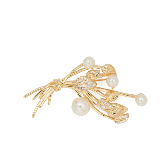 Pearl and Pave Wheat Bouquet Brooch | Gold-Tone Tied Sheaf Pin with Imitation Pearls and CZ Accented Leaves | Elegant Festive & Wedding Brooch