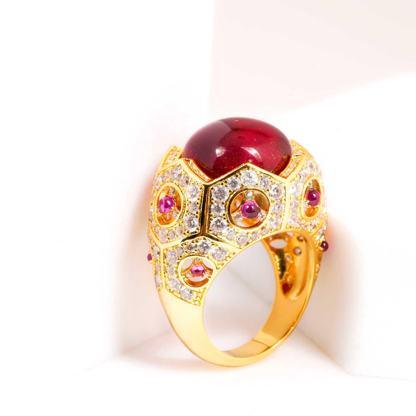 Gold Finish Green Cabochon Stone Ring with Pink Accents and Diamond Look Detailing | Statement Cocktail Jewelry