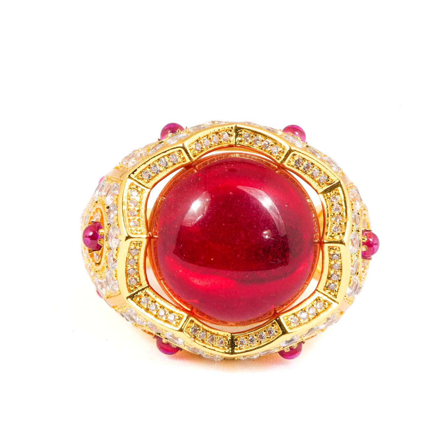 Gold Finish Green Cabochon Stone Ring with Pink Accents and Diamond Look Detailing | Statement Cocktail Jewelry