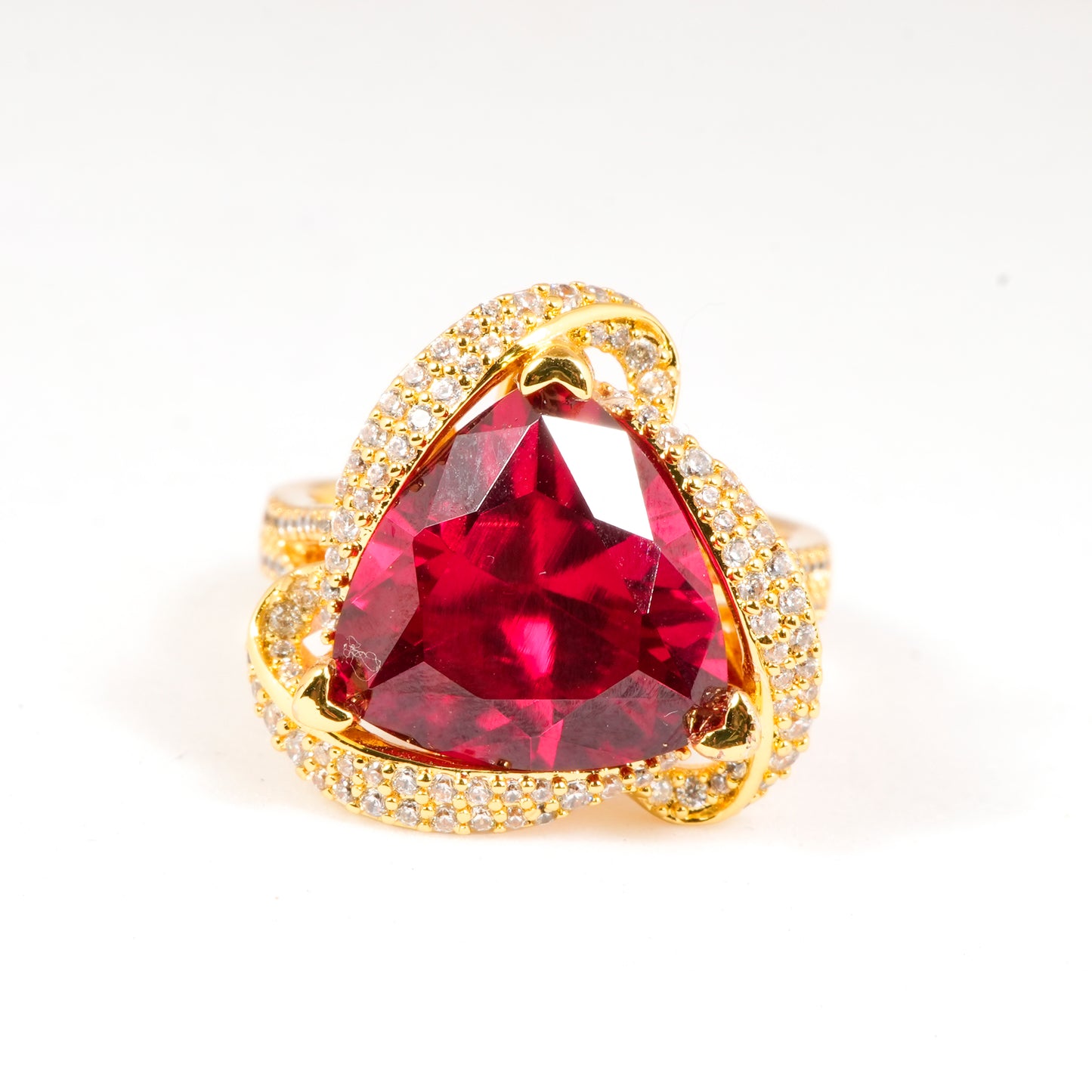 Gold Finish Ruby Red Triangle Stone Ring for Women with Diamond Look Swirl Border | Statement Cocktail and Wedding Jewelry