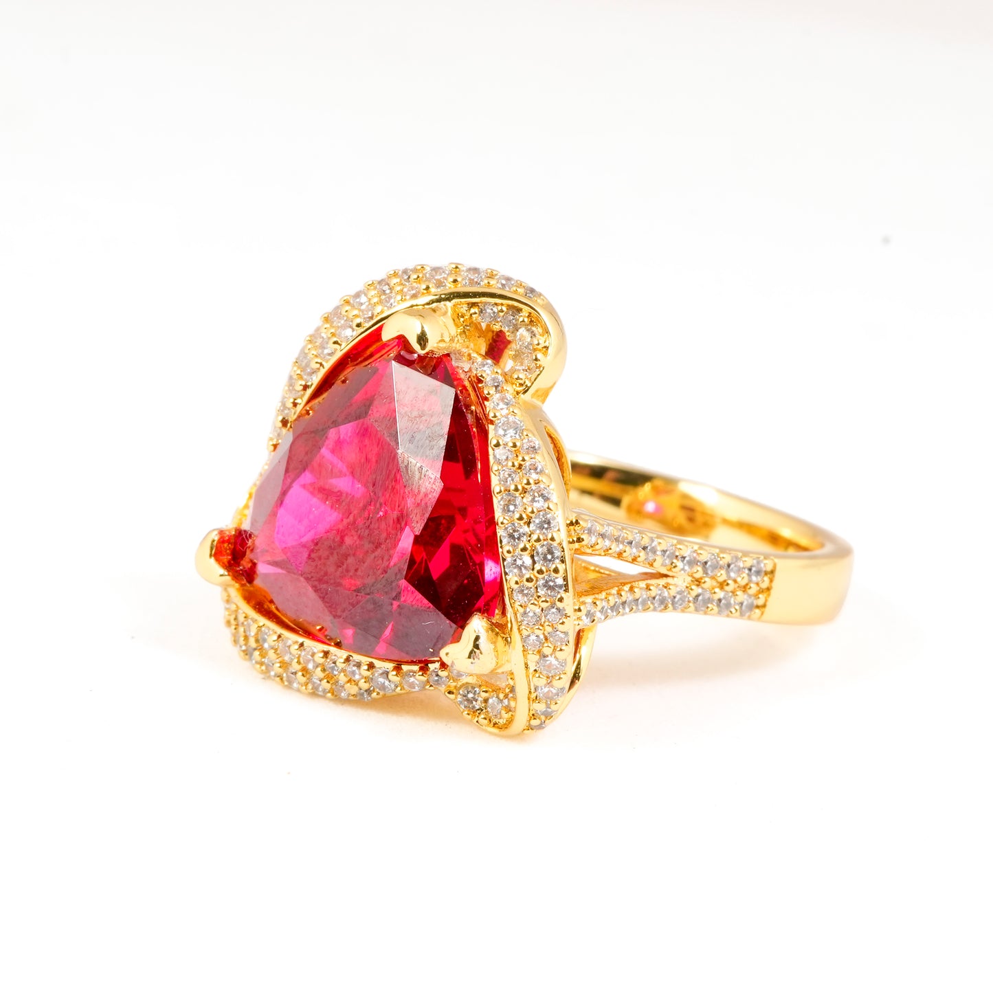 Gold Finish Ruby Red Triangle Stone Ring for Women with Diamond Look Swirl Border | Statement Cocktail and Wedding Jewelry