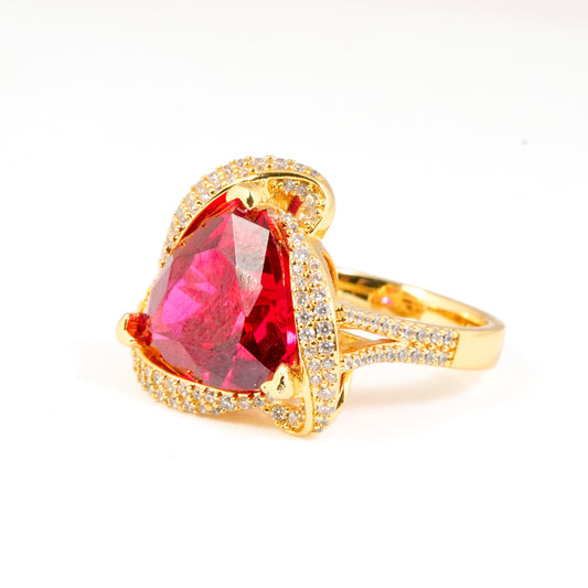 Gold Finish Ruby Red Triangle Stone Ring for Women with Diamond Look Swirl Border | Statement Cocktail and Wedding Jewelry