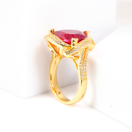 Gold Finish Ruby Red Triangle Stone Ring for Women with Diamond Look Swirl Border | Statement Cocktail and Wedding Jewelry