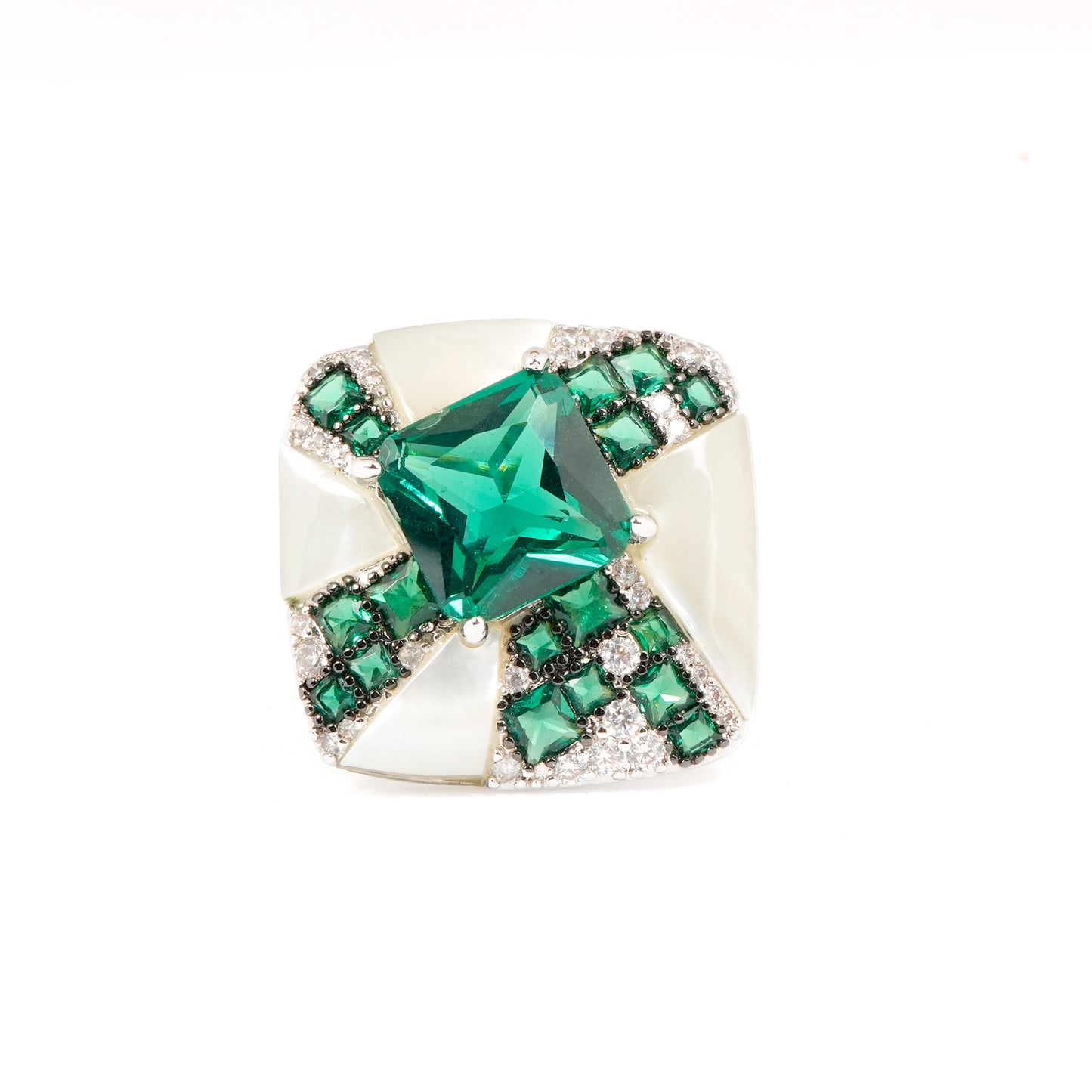 Silver Finish Green Emerald Stone Ring for Women with Unique Cross Design and Diamond Look Detailing | Fashion Statement Jewelry for Wedding, Party, and Festive Wear