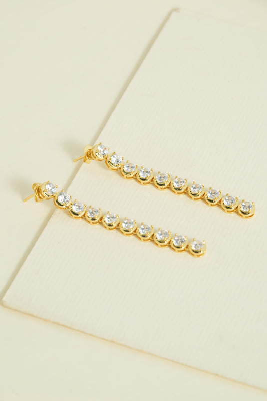 Golden Cascade Drop Earrings | Gold-Tone Vertical Moissanite Style Drop with Round-Cut Sparkling Stones | Elegant Evening and Cocktail Jewellery for Women