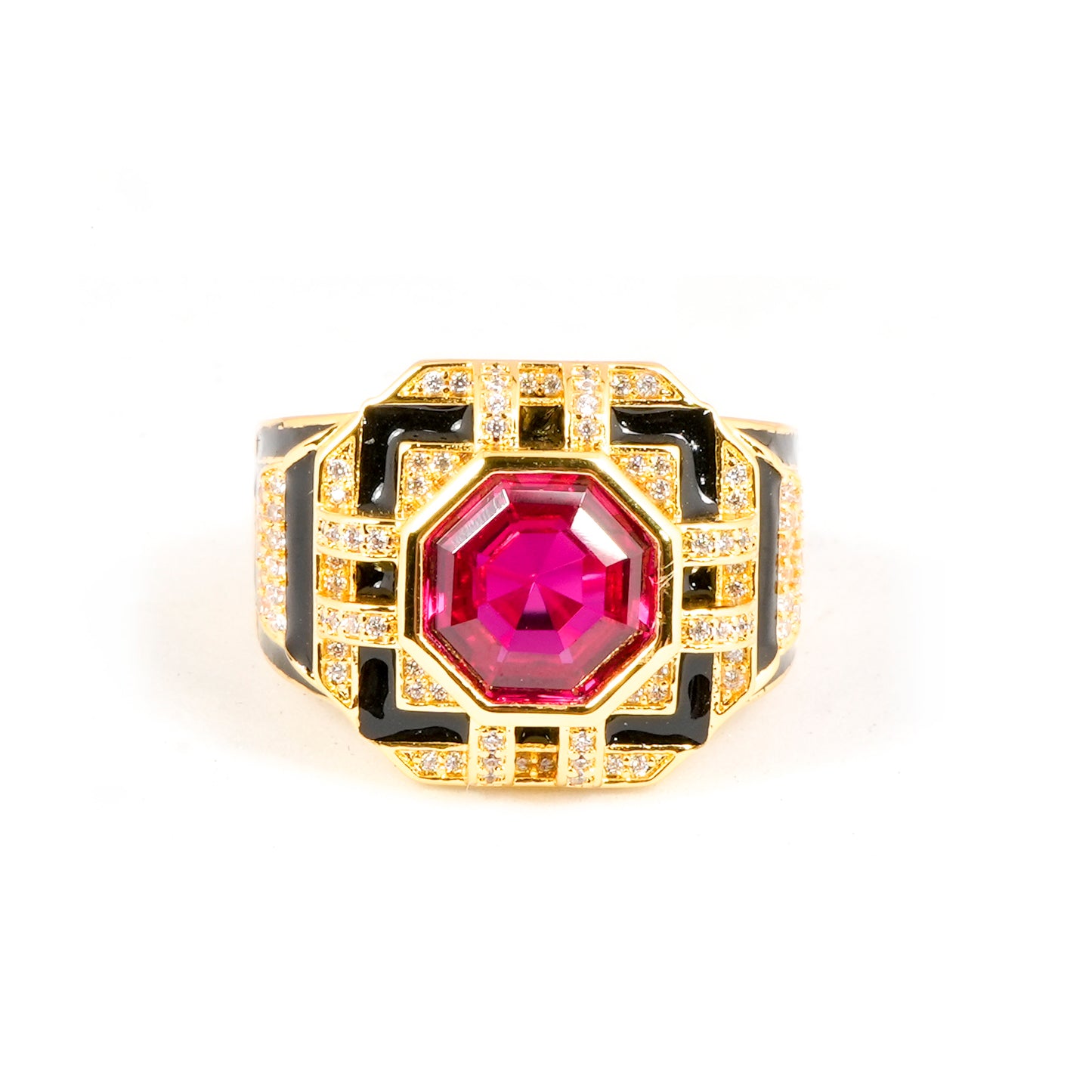 Gold Finish Ruby Red Stone Ring for Women with Black Enamel Geometric Design and Diamond Look Detailing | Statement Cocktail and Wedding Jewelry