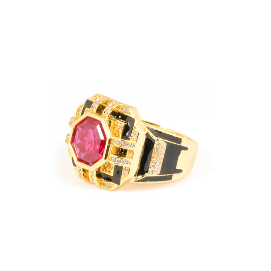 Gold Finish Ruby Red Stone Ring for Women with Black Enamel Geometric Design and Diamond Look Detailing | Statement Cocktail and Wedding Jewelry