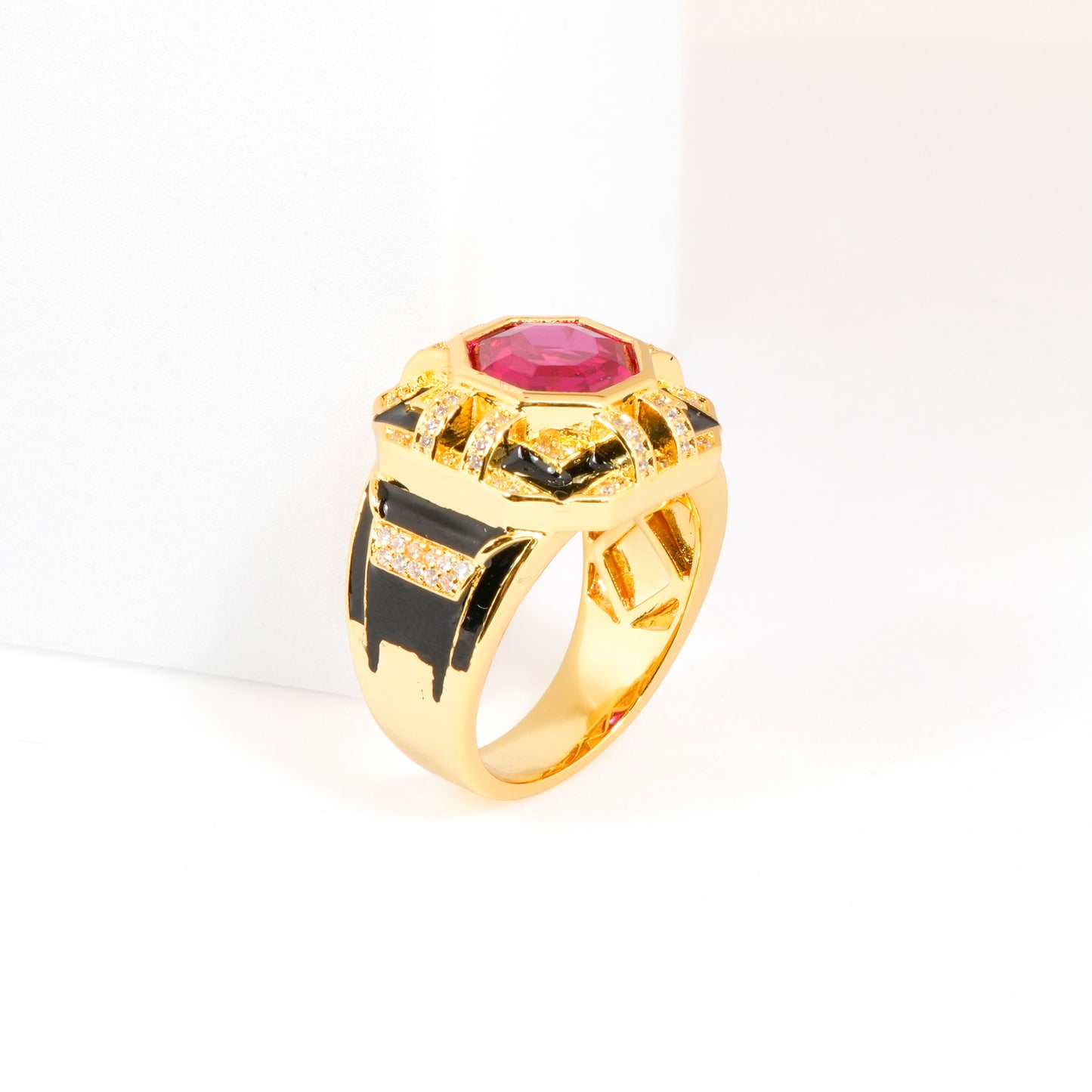 Gold Finish Ruby Red Stone Ring for Women with Black Enamel Geometric Design and Diamond Look Detailing | Statement Cocktail and Wedding Jewelry