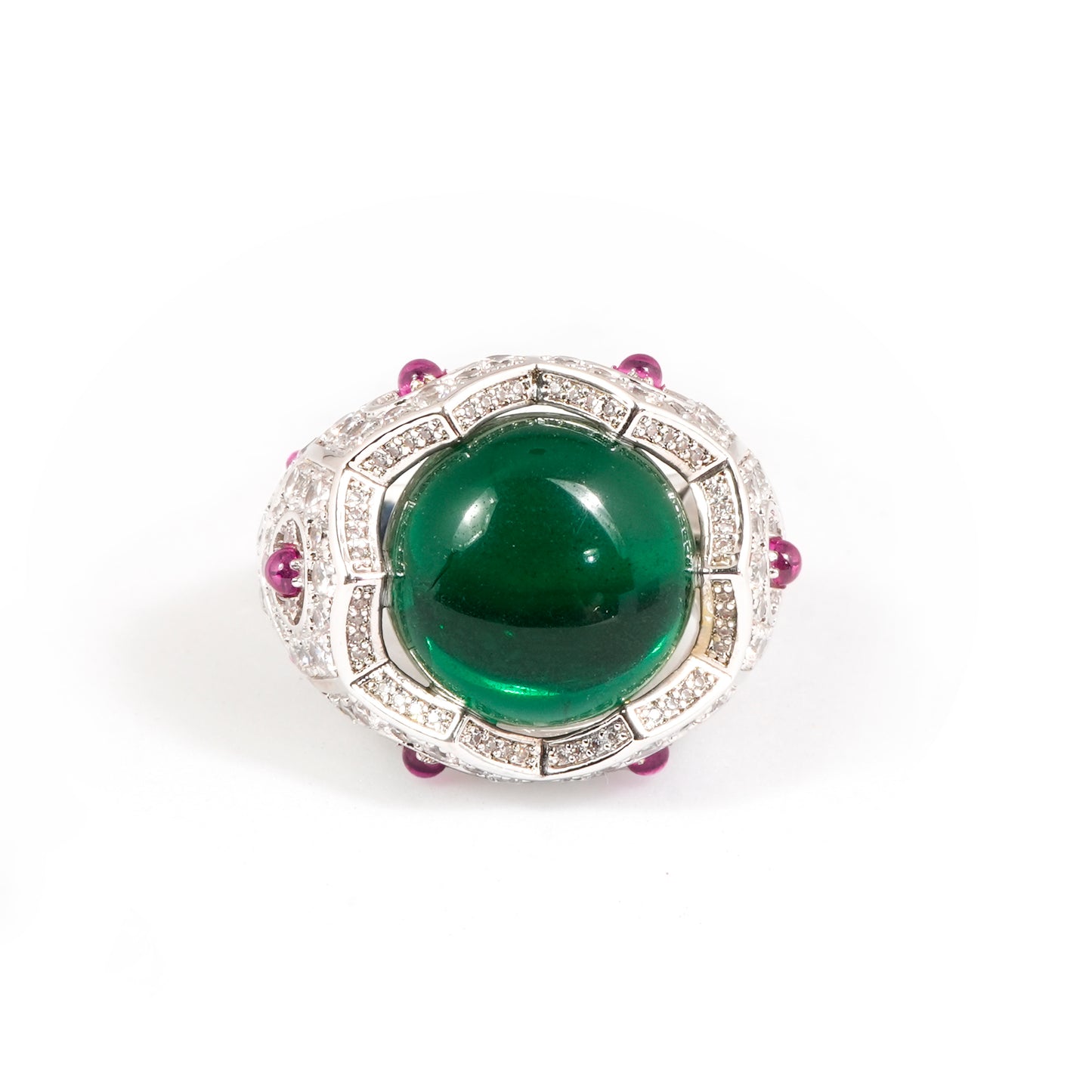 Silver Finish Green Cabochon Stone Ring with Pink Accents and Diamond Look Detailing | Cocktail & Statement Jewelry