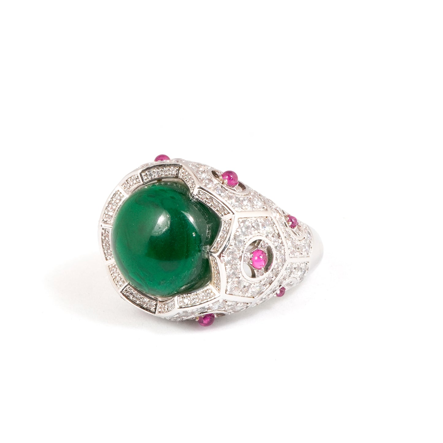 Silver Finish Green Cabochon Stone Ring with Pink Accents and Diamond Look Detailing | Cocktail & Statement Jewelry