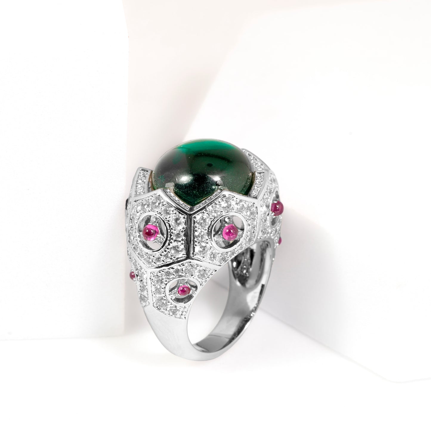 Silver Finish Green Cabochon Stone Ring with Pink Accents and Diamond Look Detailing | Cocktail & Statement Jewelry