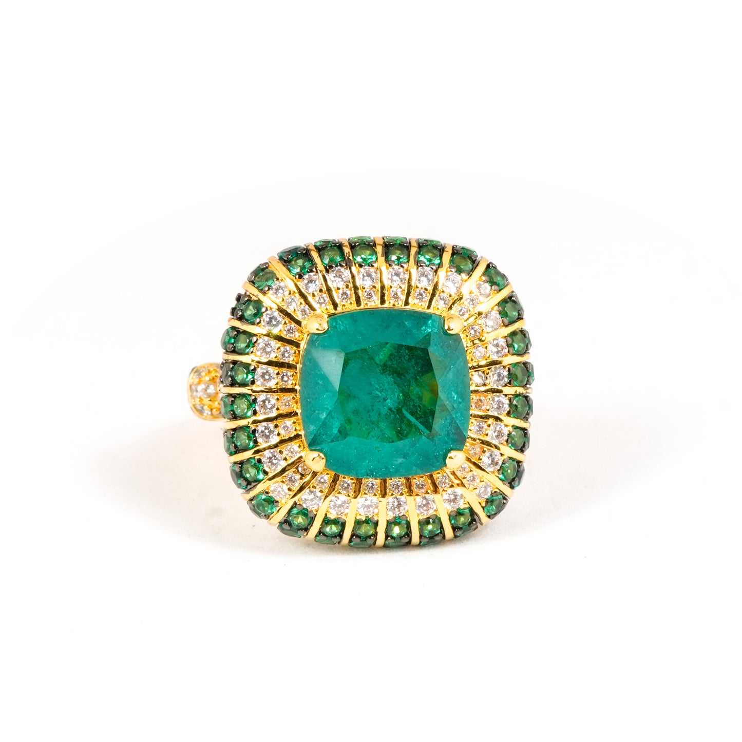 Women’s Green Emerald Stone Ring in Gold Plated Finish with Sparkling White and Green Studded Border | Stylish Party Wear and Wedding Jewelry