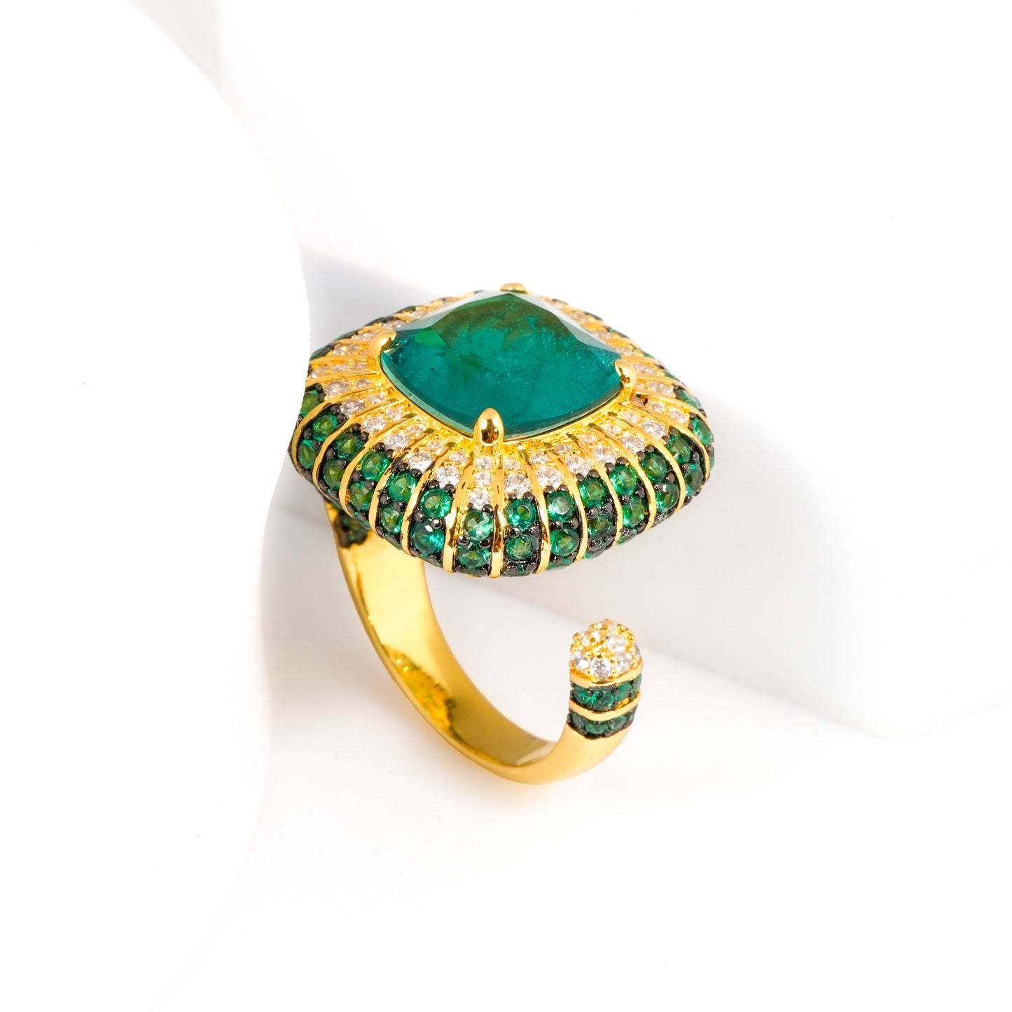 Women’s Green Emerald Stone Ring in Gold Plated Finish with Sparkling White and Green Studded Border | Stylish Party Wear and Wedding Jewelry