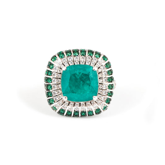 Silver Plated Green Stone Ring for Women with Emerald Square Design and Sparkling White Diamond Look Border – Stylish Party Wear and Wedding Jewelry