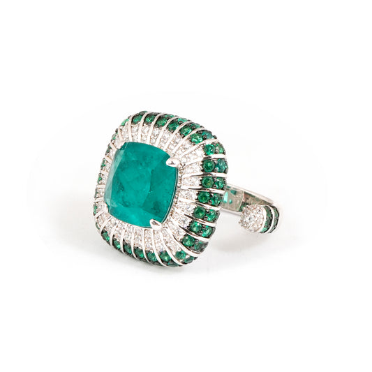 Silver Plated Green Stone Ring for Women with Emerald Square Design and Sparkling White Diamond Look Border – Stylish Party Wear and Wedding Jewelry
