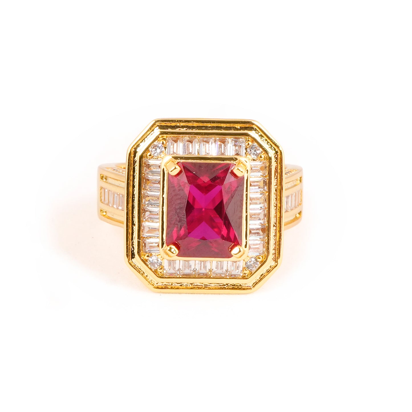 Gold Finish Ruby Red Stone Ring for Women with Rectangular Design and Diamond Look Studded Border | Elegant Statement Fashion Jewelry for Wedding, Party, and Special Occasions