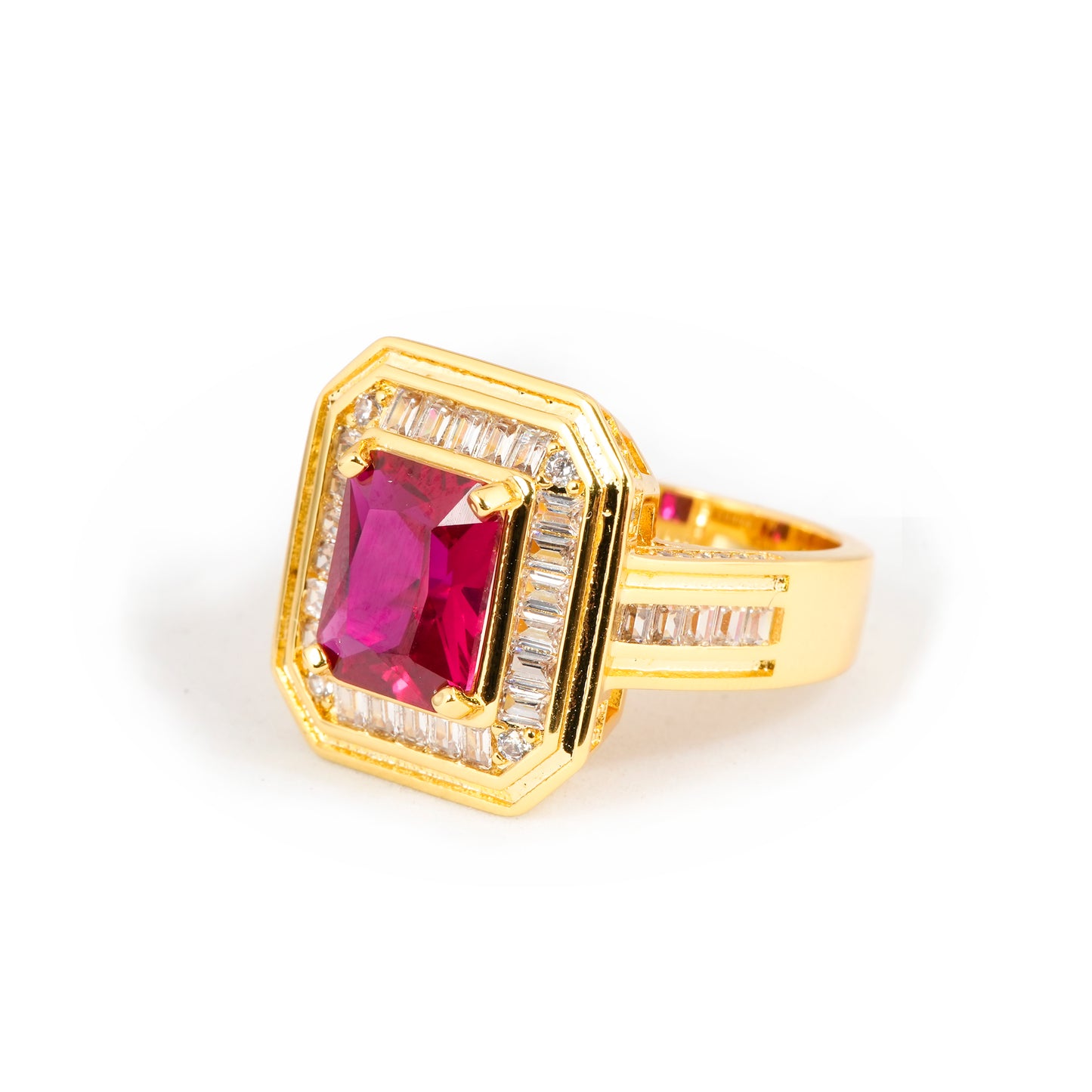 Gold Finish Ruby Red Stone Ring for Women with Rectangular Design and Diamond Look Studded Border | Elegant Statement Fashion Jewelry for Wedding, Party, and Special Occasions