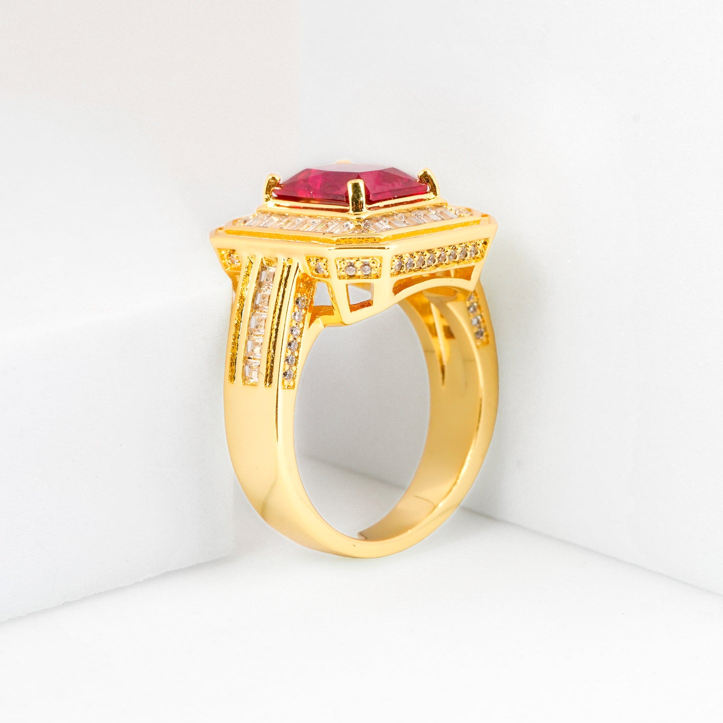 Gold Finish Ruby Red Stone Ring for Women with Rectangular Design and Diamond Look Studded Border | Elegant Statement Fashion Jewelry for Wedding, Party, and Special Occasions