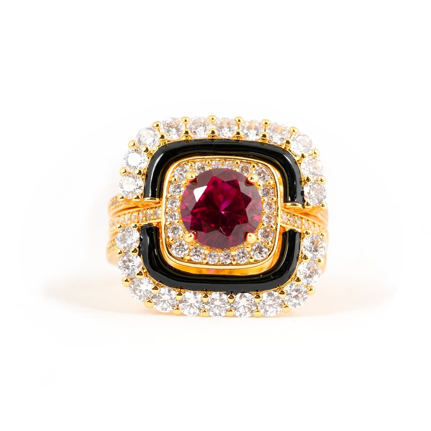 Gold Finish Ruby Red Stone Ring for Women with Black Enamel and Diamond Look Border | Statement Cocktail and Wedding Jewelry
