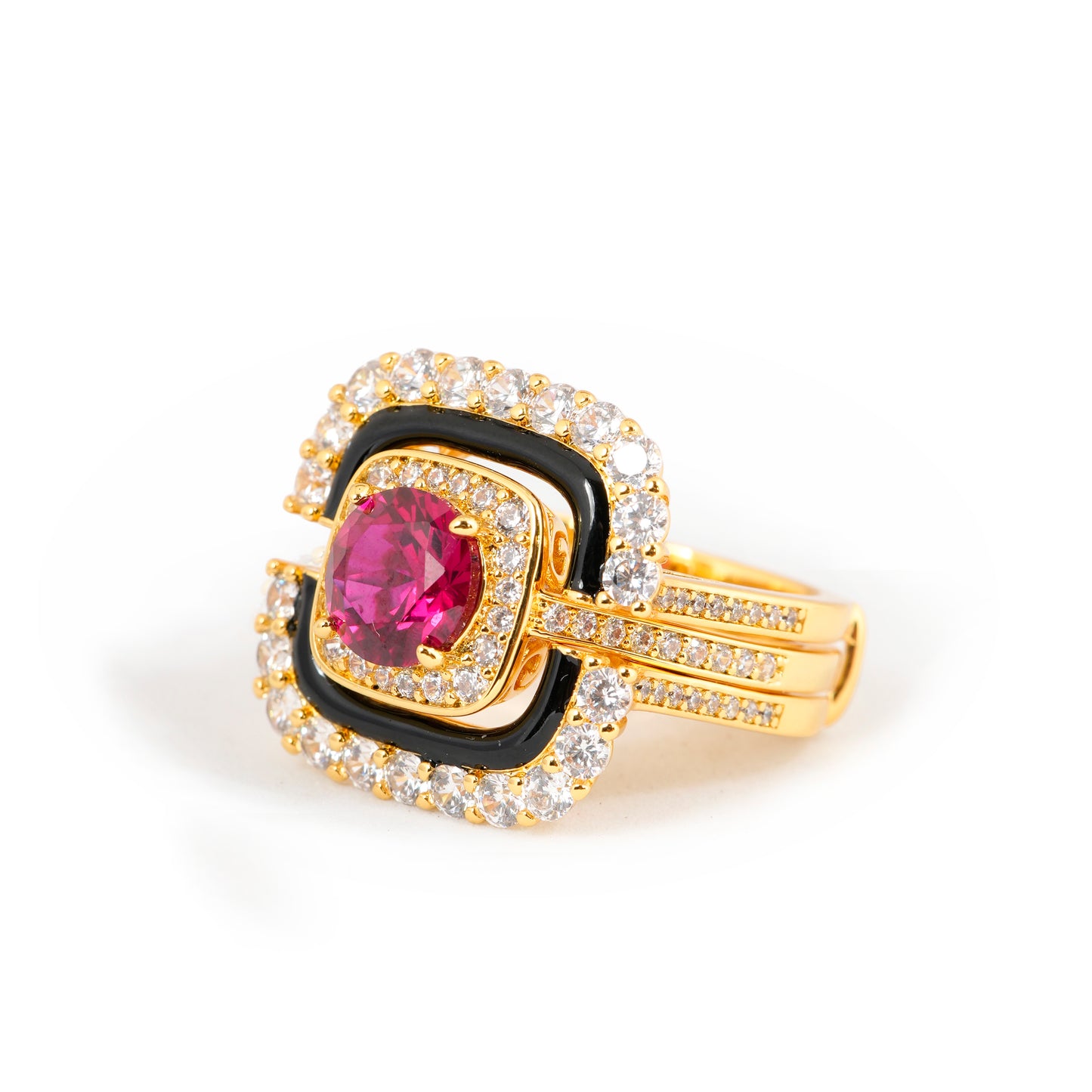 Gold Finish Ruby Red Stone Ring for Women with Black Enamel and Diamond Look Border | Statement Cocktail and Wedding Jewelry