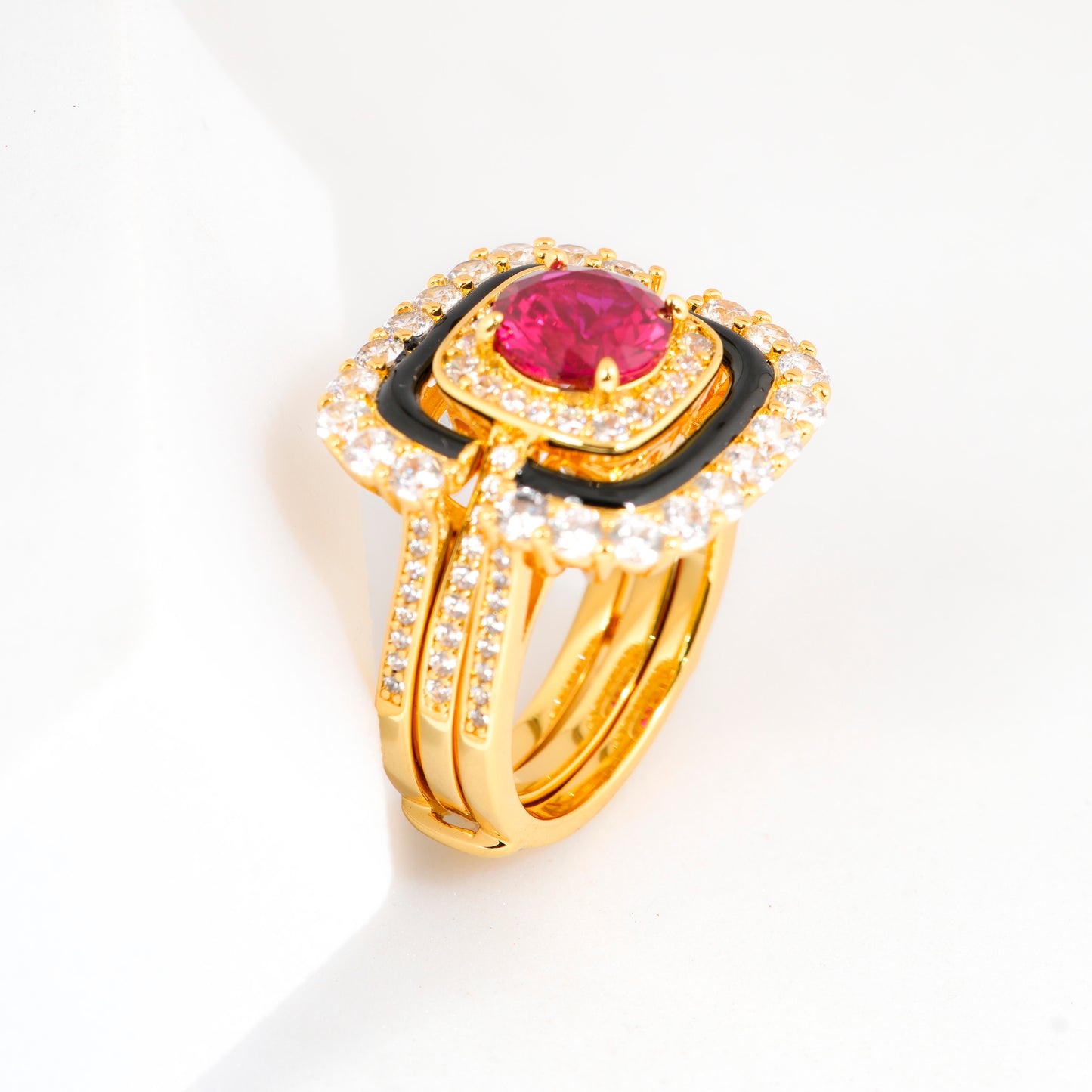 Gold Finish Ruby Red Stone Ring for Women with Black Enamel and Diamond Look Border | Statement Cocktail and Wedding Jewelry