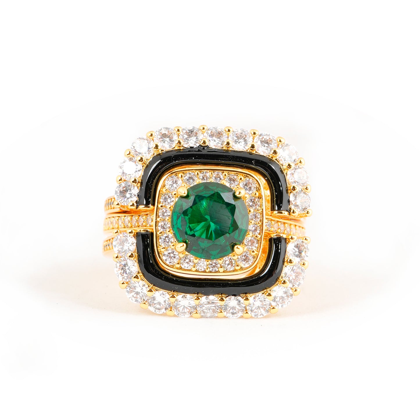 Gold Finish Green Emerald Stone Ring for Women with Black Enamel and Diamond Look Border | Statement Cocktail and Party Wear Jewelry