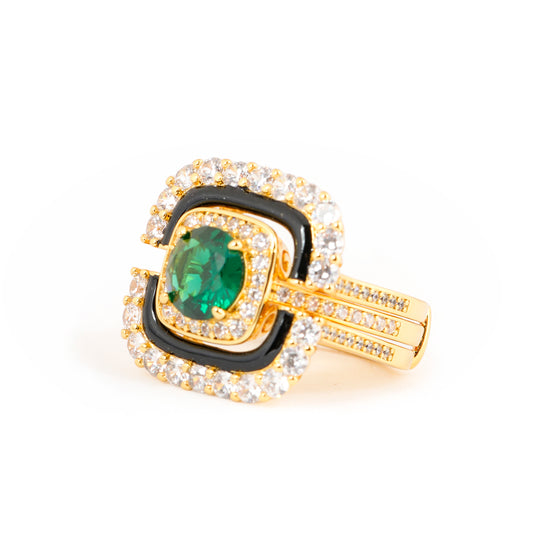 Gold Finish Green Emerald Stone Ring for Women with Black Enamel and Diamond Look Border | Statement Cocktail and Party Wear Jewelry