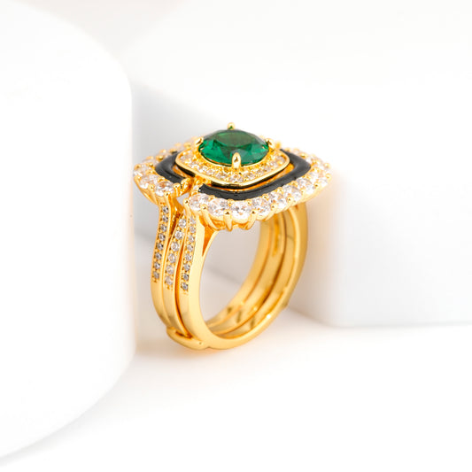Gold Finish Green Emerald Stone Ring for Women with Black Enamel and Diamond Look Border | Statement Cocktail and Party Wear Jewelry