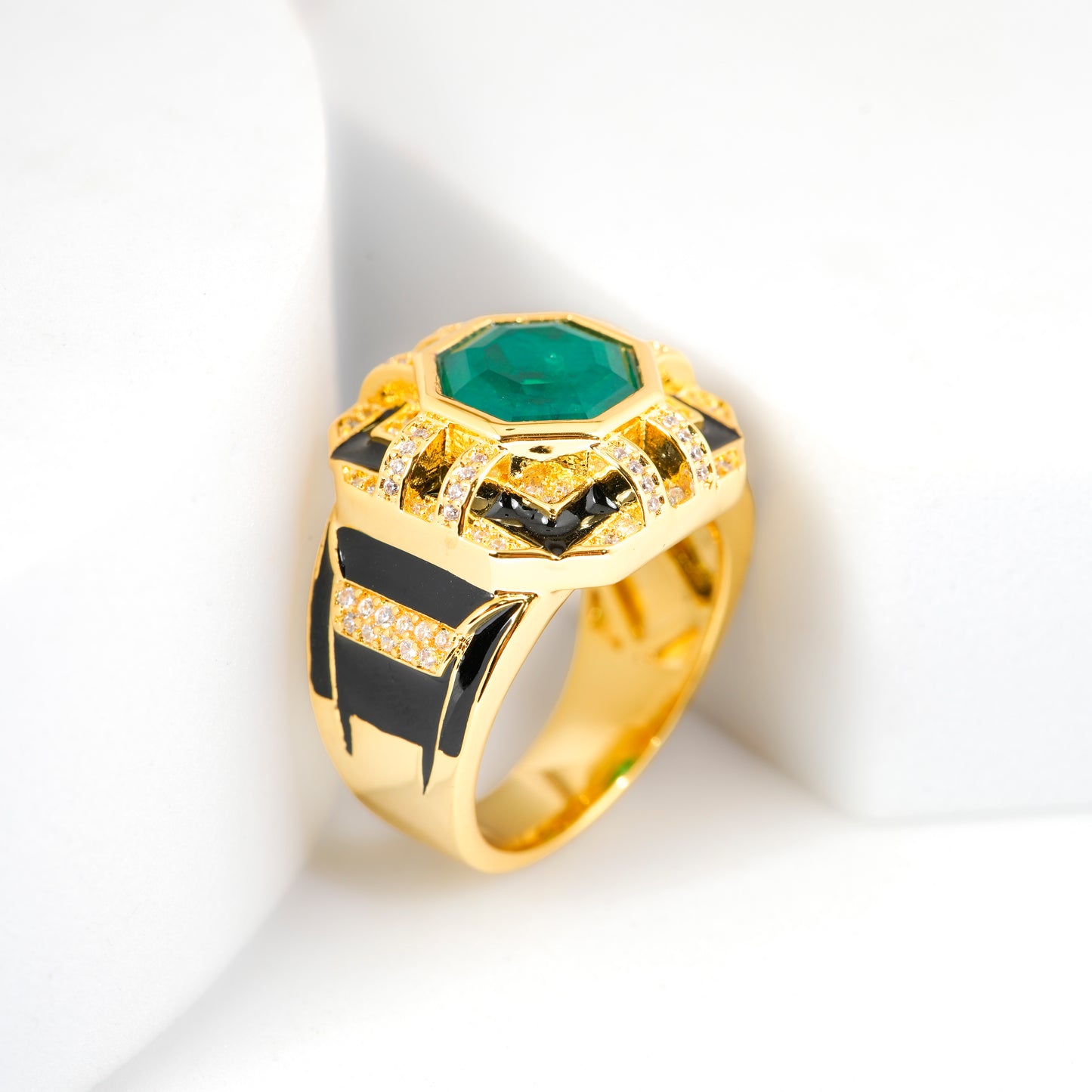 Octagonal Emerald Gold Finish Green Stone Ring for Women with Black Enamel Geometric Design and Diamond Look Accents | Statement Cocktail and Wedding Jewelry