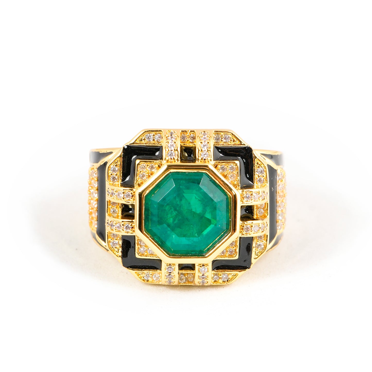Octagonal Emerald Gold Finish Green Stone Ring for Women with Black Enamel Geometric Design and Diamond Look Accents | Statement Cocktail and Wedding Jewelry