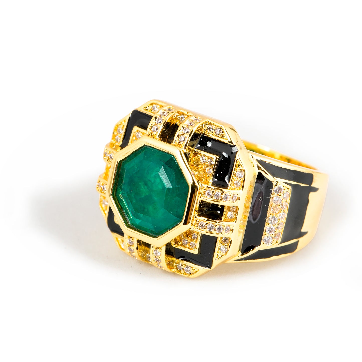 Octagonal Emerald Gold Finish Green Stone Ring for Women with Black Enamel Geometric Design and Diamond Look Accents | Statement Cocktail and Wedding Jewelry