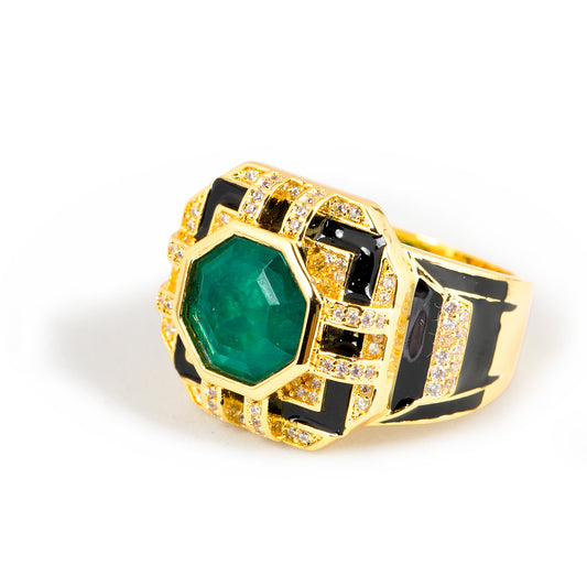 Octagonal Emerald Gold Finish Green Stone Ring for Women with Black Enamel Geometric Design and Diamond Look Accents | Statement Cocktail and Wedding Jewelry