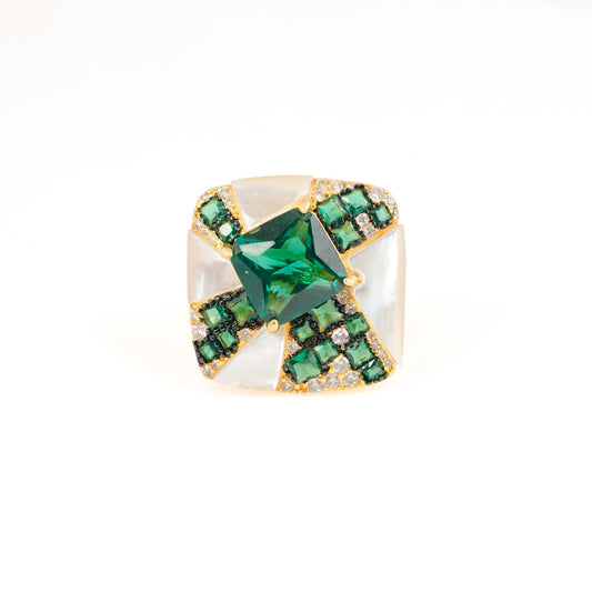 Gold Finish Green Emerald Stone Ring for Women with Unique Cross Design and Diamond Look Accents | Statement Fashion Jewelry for Party, Wedding, and Special Occasions