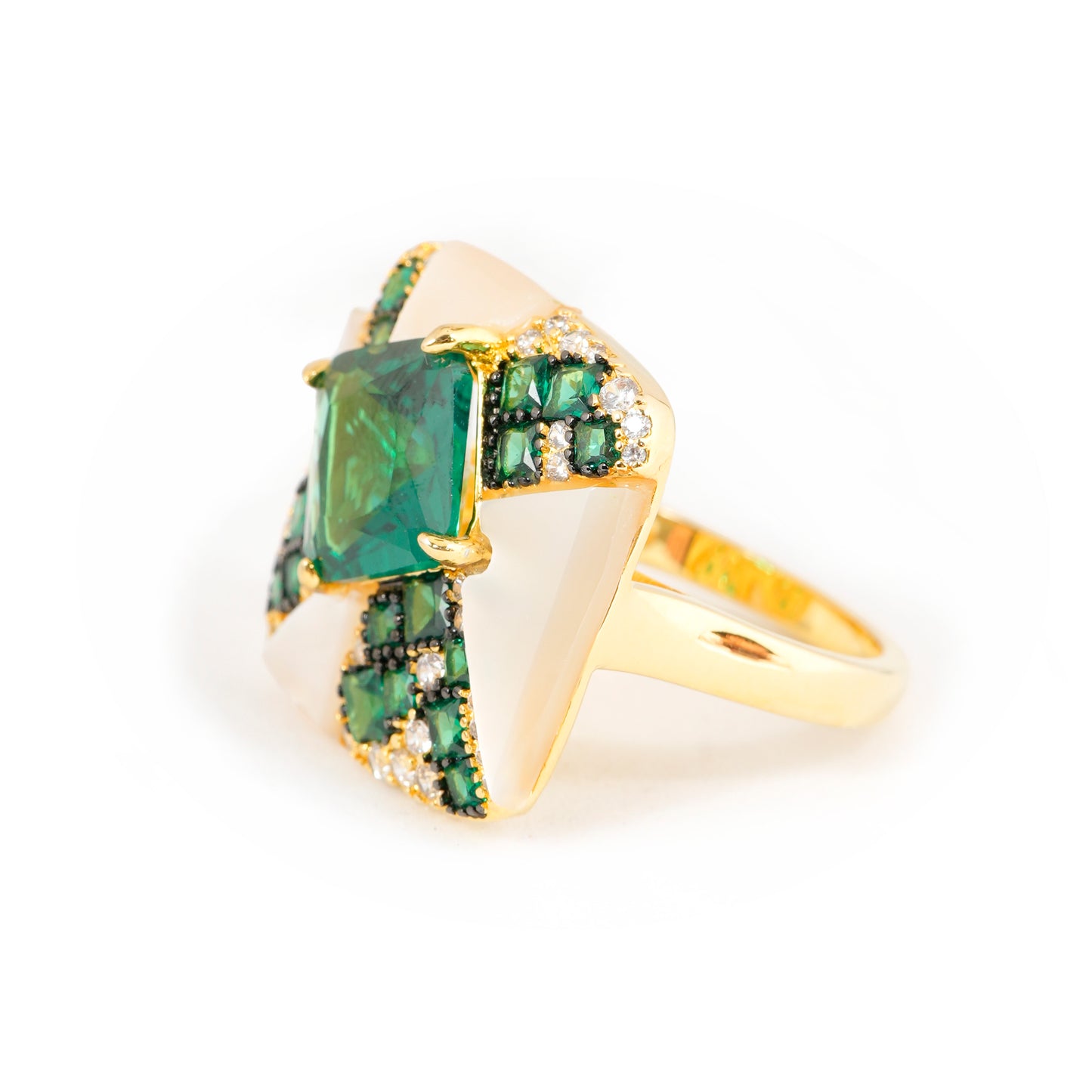 Gold Finish Green Emerald Stone Ring for Women with Unique Cross Design and Diamond Look Accents | Statement Fashion Jewelry for Party, Wedding, and Special Occasions