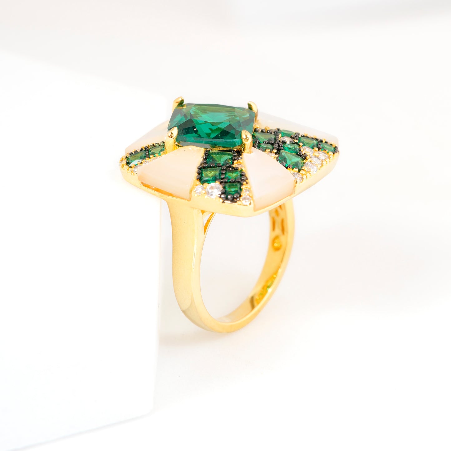 Gold Finish Green Emerald Stone Ring for Women with Unique Cross Design and Diamond Look Accents | Statement Fashion Jewelry for Party, Wedding, and Special Occasions