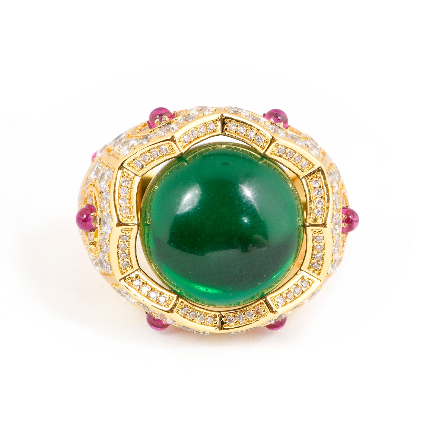 Gold Finish Green Cabochon Stone Ring with Pink Accents and Diamond Look Detailing | Statement Cocktail Jewelry