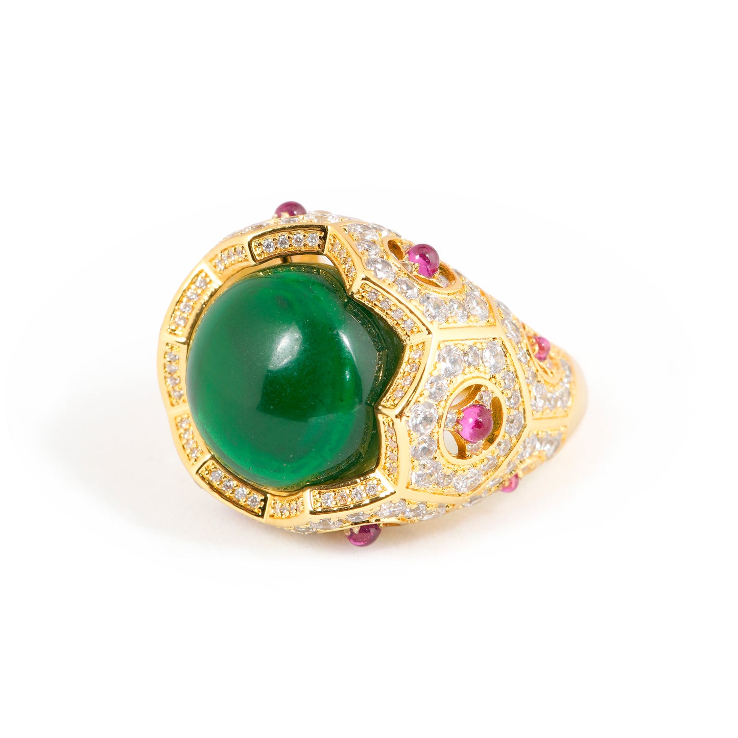 Gold Finish Green Cabochon Stone Ring with Pink Accents and Diamond Look Detailing | Statement Cocktail Jewelry