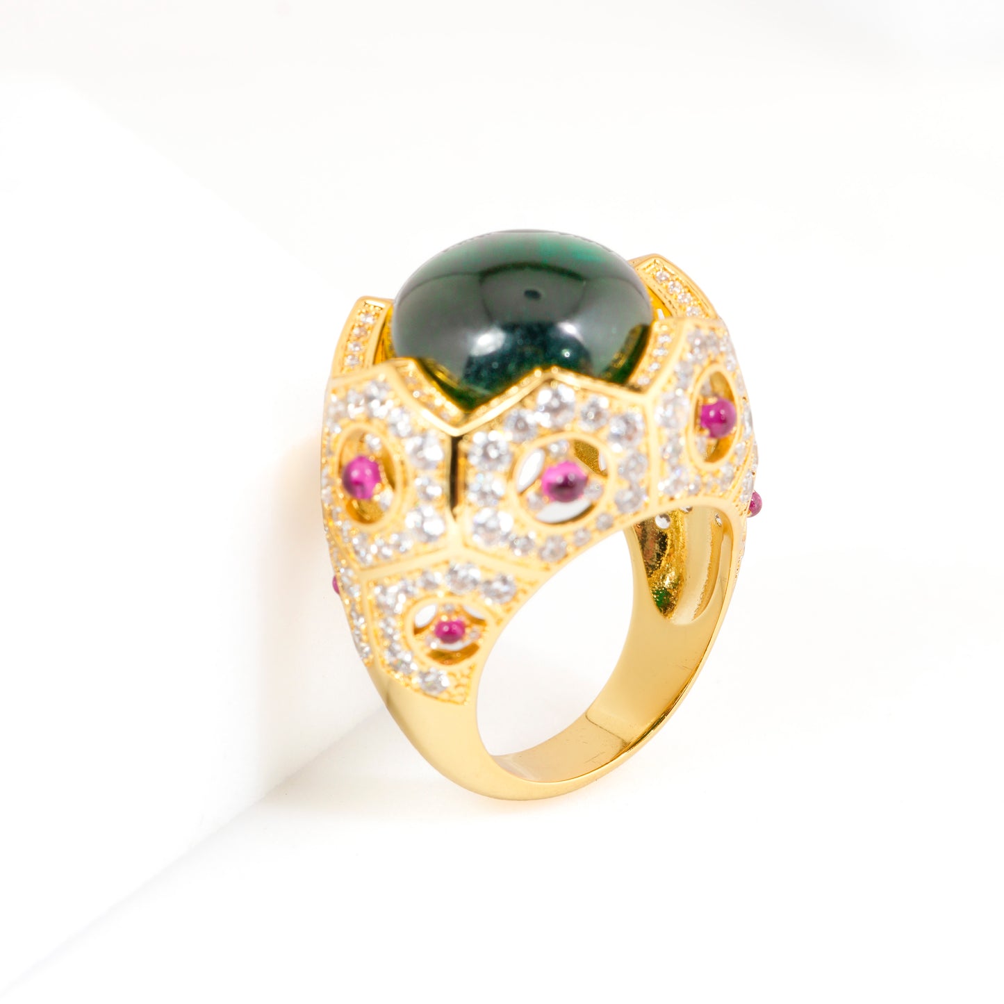 Gold Finish Green Cabochon Stone Ring with Pink Accents and Diamond Look Detailing | Statement Cocktail Jewelry